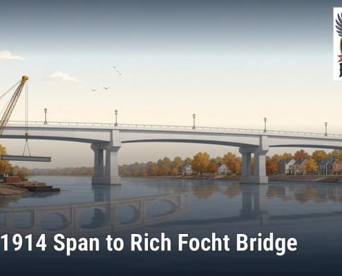 Fostoria News Illustration of Rich Focht Bridge spanning Fostoria River with autumn trees.